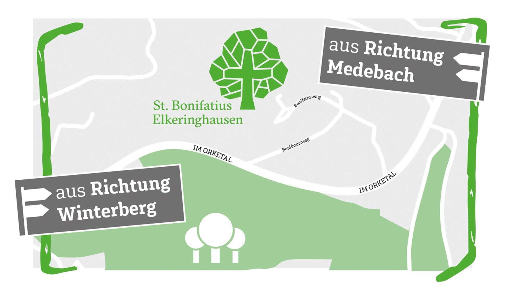 Grafische Anfahrtsskizze zum St. Bonifatius Elkeringhausen mit Wegbeschreibung aus Richtung Winterberg und Medebach.