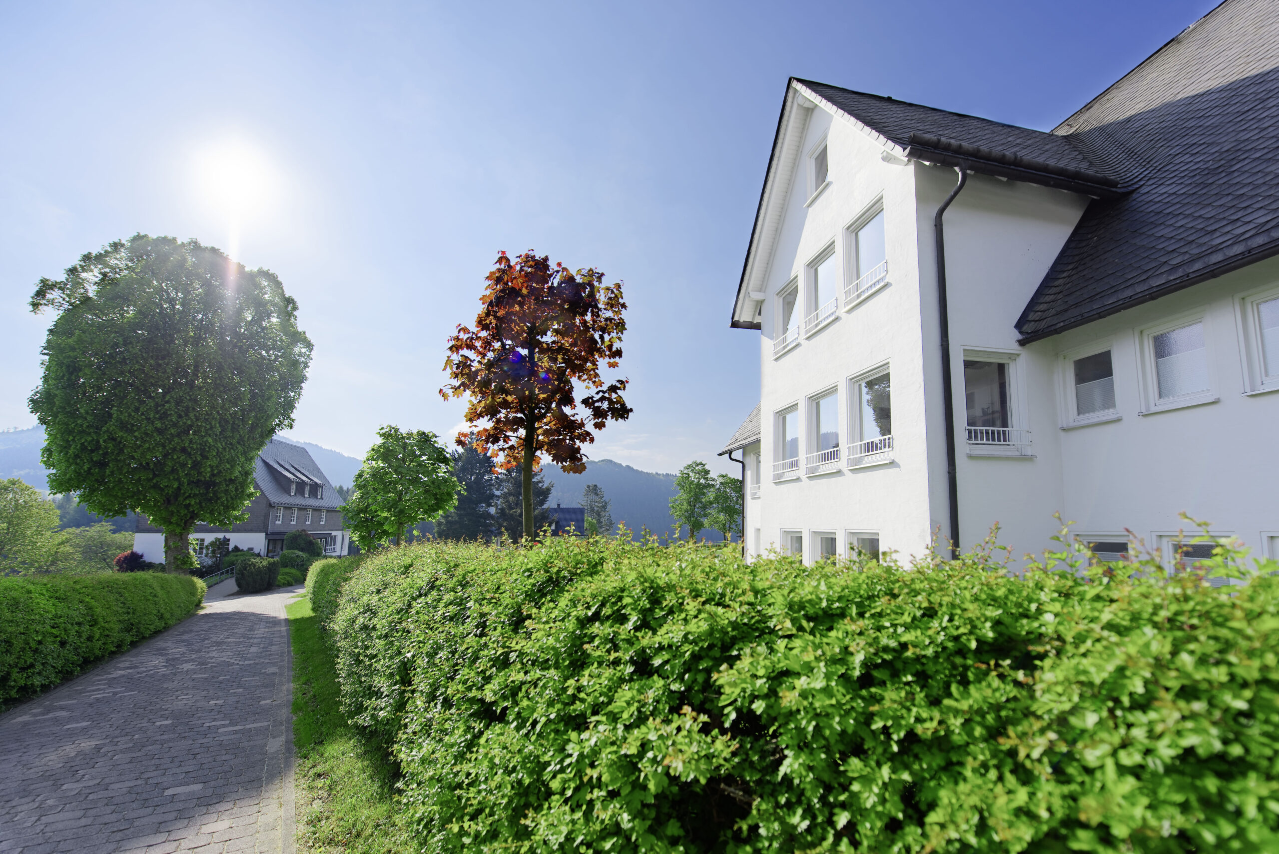 Sonnige Aufnahme eines gepflegten Geländes mit weißem Gebäude, Hecken und einem gepflasterten Weg; im Vordergrund leuchtet ein Baum mit rötlichen Blättern, während im Hintergrund weitere Häuser und bewaldete Hügel unter strahlend blauem Himmel liegen.