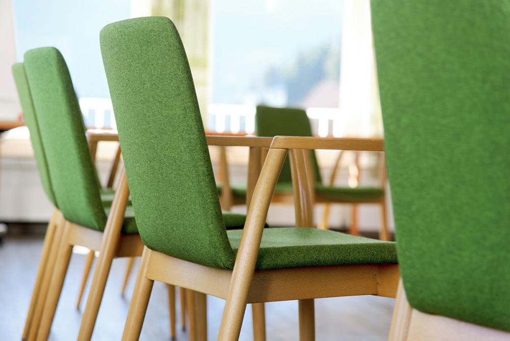 Fünf grüne Stühl mit dem Rücken fotographiert