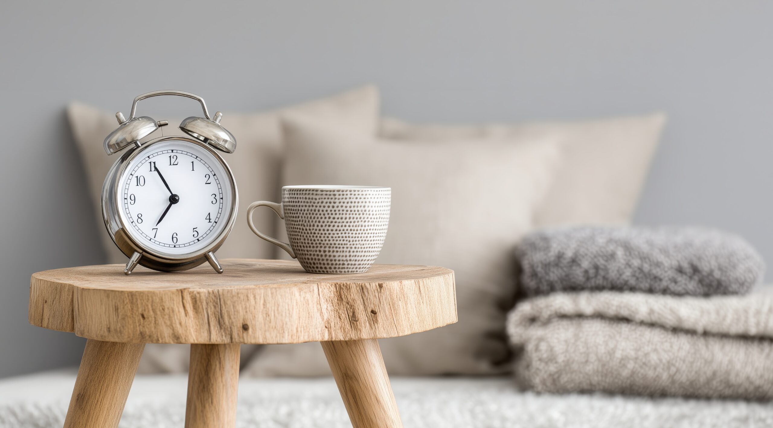 Eine Uhr steht auf einem Hocker und Kissen sind im Hintergrund zu sehen